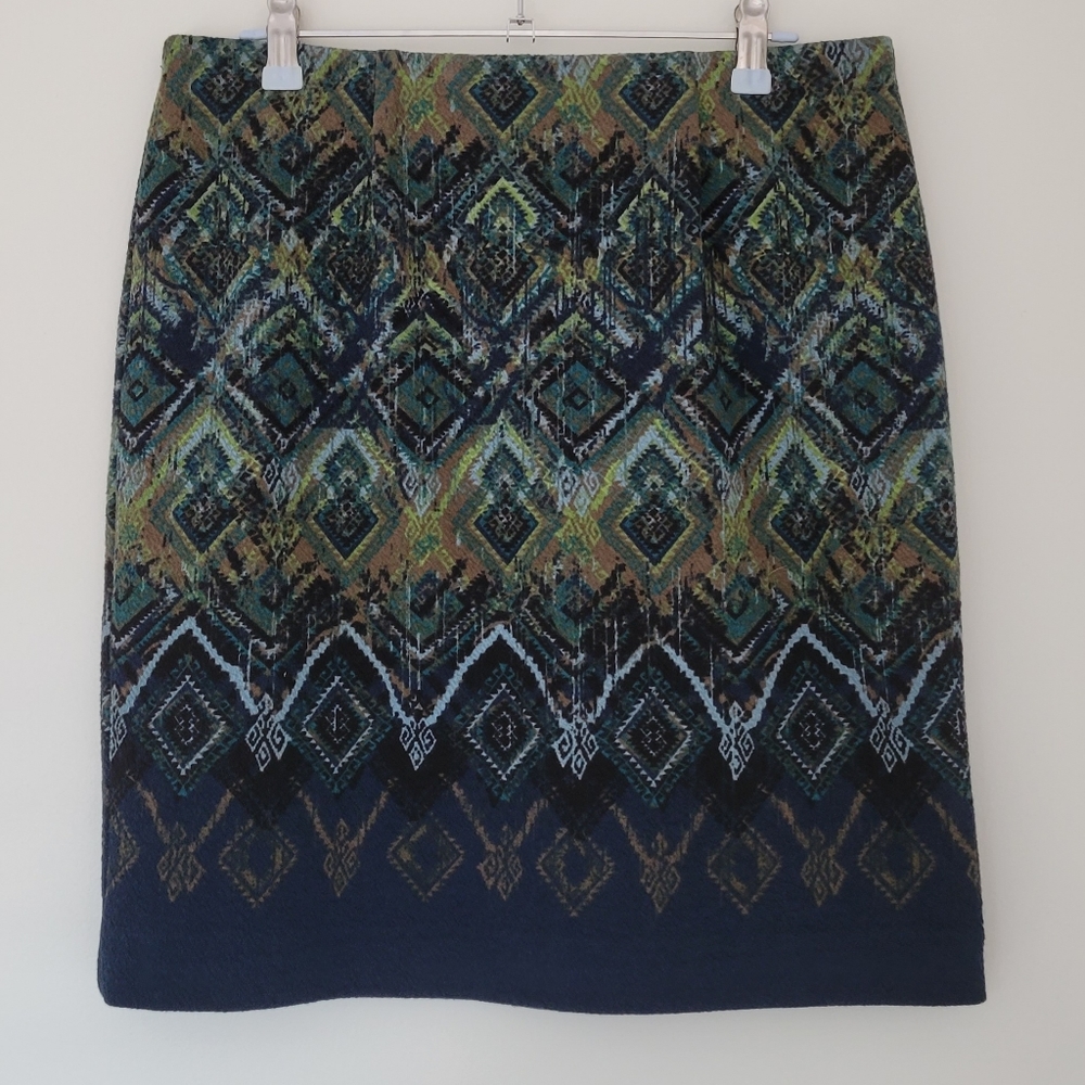 J.Jill Southwestern Geometric Pattern Artsy Green Pencil Skirt S Petite
